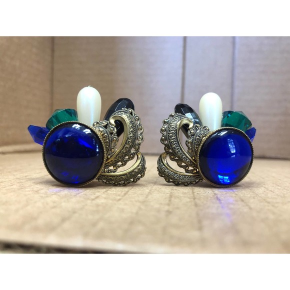 Vintage Clip On Earrings Peacock Ornate Blue Green Pearl Elegant - Picture 4 of 8